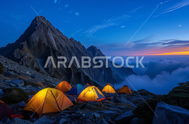 الطبيعة الجبلية والتشكيلات الصخرية، مخيمات سياحية المضيئة بين الجبال في المملكة العربية السعودية، أجواء تخييم شبابية ليلية هادئة، منظر السماء الضبابية المليئة بالغيوم، أماكن المغامرات والكشتات البرية
