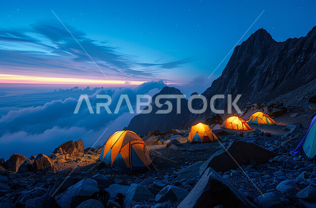 أجواء تخييم شبابية ليلية هادئة، منظر السماء الضبابية المليئة بالغيوم، أماكن المغامرات والكشتات البرية، مخيمات سياحية المضيئة بين الجبال في المملكة العربية السعودية، الطبيعة الجبلية والتشكيلات الصخرية