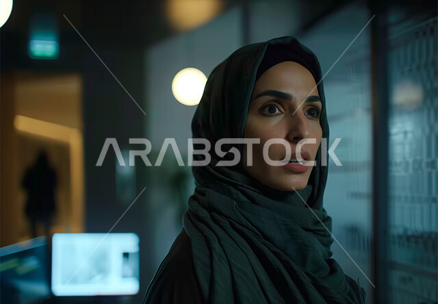 التفاجؤ من شيئ ما, تلقي اخبار صادمة، صورة مقربة لإمرأة عربية خليجية سعودية محجبة ترتدي العباءة تنظر بإيماءات الصدمة والاحباط، الإستغراب و الصدمه والذهول،