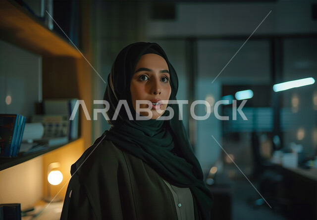 الذهول و الصدمه و الإستغراب، تلقي اخبار صادمة، صورة مقربة لإمرأة عربية خليجية سعودية محجبة ترتدي العباءة تنظر بإيماءات الصدمة والاحباط، التفاجؤ من شيئ ما,