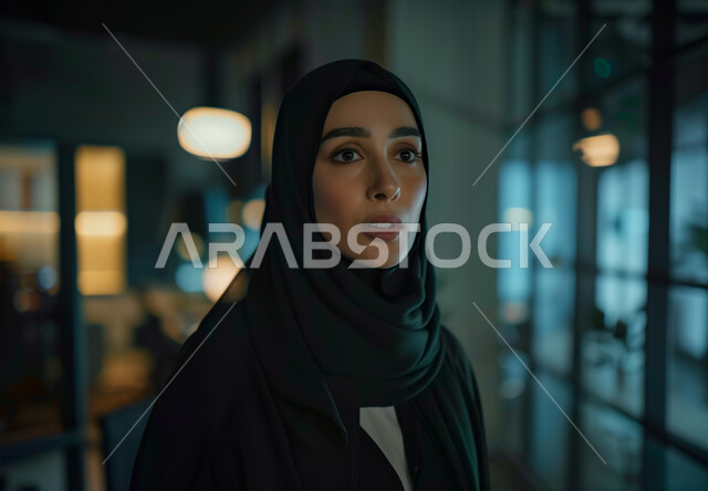  الإستغراب و الصدمه والذهول، ايماءات الشعور بالخوف والقلق والتوتر، امرأه عربية خليجية سعودية محجبة تنظر إلى مكان ما، ترقب وانتظار  حدوث شي ما