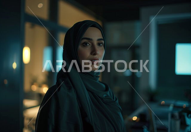  ترقب وانتظار  حدوث شي ما، الإستغراب و الصدمه والذهول، ايماءات الشعور بالخوف والقلق والتوتر، امرأه عربية خليجية سعودية محجبة تنظر إلى مكان ما