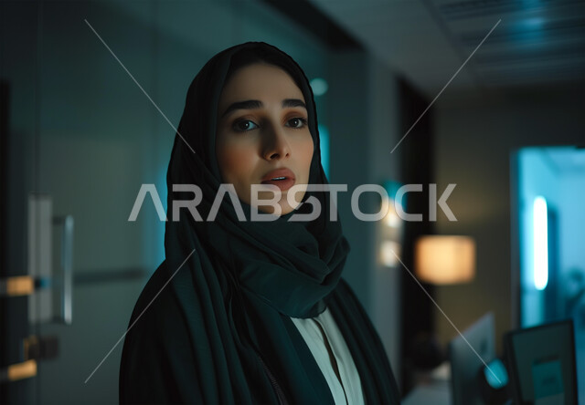 Shock, astonishment and astonishment, anticipation and waiting for something to happen, gestures of fear, anxiety and tension, a veiled Saudi Gulf Arab woman looking somewhere