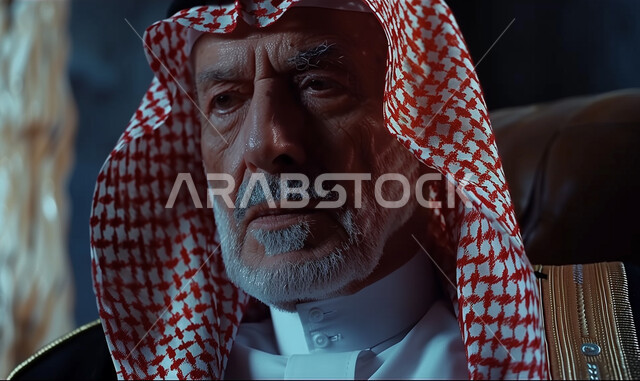 النظر الى شيء ما بإيماءات التفكير والشرود في الماضي ، مفهوم الجلوس والراحة، بورتريه مقرب لرجل عربي خليجي سعودي كبير بالسن يرتدي الشماغ والثوب التقليدي يجلس على كرسي مريح 