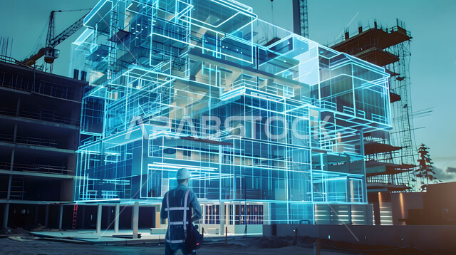 توظيف التقنيات الحديثة في متابعة المشاريع والمخططات الهندسية المتطورة، مفهوم هندسة الإنشاءات المعمارية، خلفية هولوجرامية ثلاثية الأبعاد لمخطط هندسي، صورة من الخلف لمهندس عربي خليجي سعودي يقوم بمتابعة المشروع البنائي