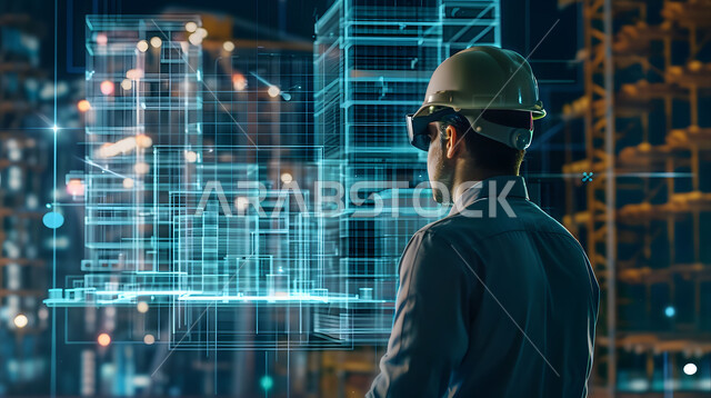 Following up on advanced engineering designs and plans for future construction projects in Saudi Arabia, a picture from the back of a Saudi Arabian Gulf engineer wearing virtual reality glasses monitoring the quality of work, a three-dimensional holographic background of the towers for buildings and facilities, a Saudi future vision 2030