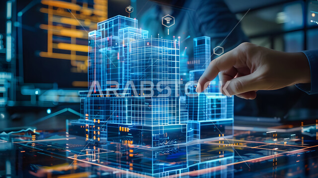 الاشراف والرقابة على جودة العمل، رؤية مستقبلية سعودية 2030، المخططات والتصاميم الهندسية المتطورة لمشاريع البناء المستقبلية في السعودية، صورة مقربة ليد مهندس عربي خليجي سعودي يشير الى  مخطط بياني هولوجرامي ثلاثي الأبعاد للمباني والمنشآت