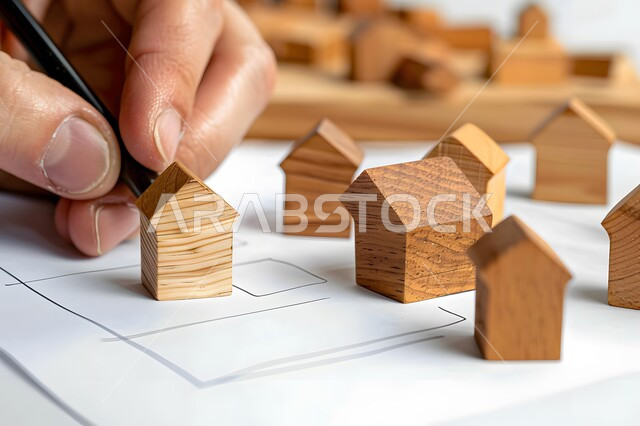 الدراسة في مجال الهندسة المعمارية، وظائف ومهن هندسية مستقبلية، قياس المسافات ورسم الخطوط المستقيمة بقلم الرصاص، صورة مقربة ليد شاب عربي خليجي سعودي يقوم بانجاز الواجب الجامعي وبجانبه اشكال على شكل بيوت خشبية