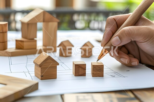 مهن ووظائف هندسية مستقبلية، قياس المسافات ورسم الخطوط المستقيمة بقلم الرصاص، صورة مقربة ليد شاب عربي خليجي سعودي يقوم بانجاز الواجب الجامعي وبجانبه اشكال على شكل بيوت خشبية، الدراسة في مجال الهندسة المعمارية