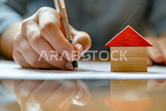 قياس المسافات ورسم الخطوط المستقيمة بقلم الرصاص، صورة مقربة ليد شاب عربي خليجي سعودي يقوم بانجاز الواجب الجامعي وبجانبه اشكال على شكل بيوت خشبية، مهن ووظائف هندسية مستقبلية، الدراسة في مجال الهندسة المعمارية