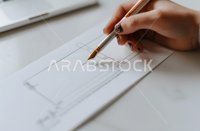 كتابة وصرف مبلغ مالي عبر الشيك، التدقيق والتحقق من العرض المالي، قراءة بنود العقد والموافقة، صورة مقربة لأيدي امرأة عربية خليجية سعودية تقوم بتوقيع الأوراق
