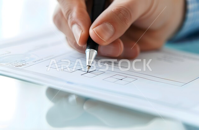 التحقق والتدقيق في العرض المالي، قراءة بنود العقد والموافقة، كتابة وصرف مبلغ مالي عبر الشيك، صورة مقربة لأيدي رجل عربي خليجي سعودي يقوم بتوقيع الأوراق