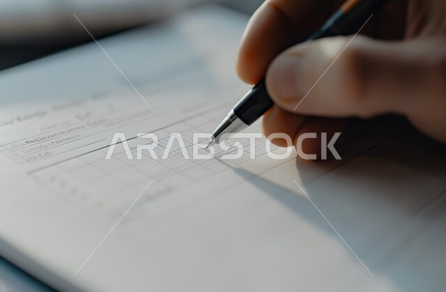 قراءة بنود العقد والموافقة، كتابة وصرف مبلغ مالي عبر الشيك، صورة مقربة لأيدي رجل عربي خليجي سعودي يقوم بتوقيع الأوراق، التحقق والتدقيق في العرض المالي