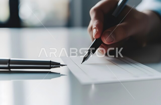 صرف وكتابة مبلغ مالي عبر الشيك، صورة مقربة لأيدي رجل عربي خليجي سعودي يقوم بتوقيع الأوراق، قراءة بنود العقد والموافقة، التحقق والتدقيق في العرض المالي
