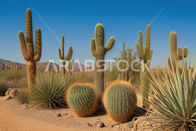 A collection of prickly cactus plants in desert areas, the growth of prickly plants and herbs in the wilds of the Kingdom of Saudi Arabia, prickly plants and wild herbs in natural reserves.