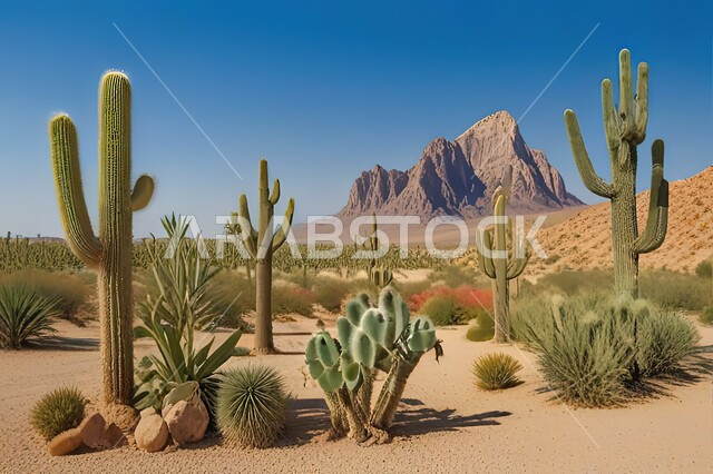 Thorny plants and wild herbs in natural reserves, a group of spiny cactus plants in desert areas, growth of spiny plants and herbs in the wilds of the Kingdom of Saudi Arabia.