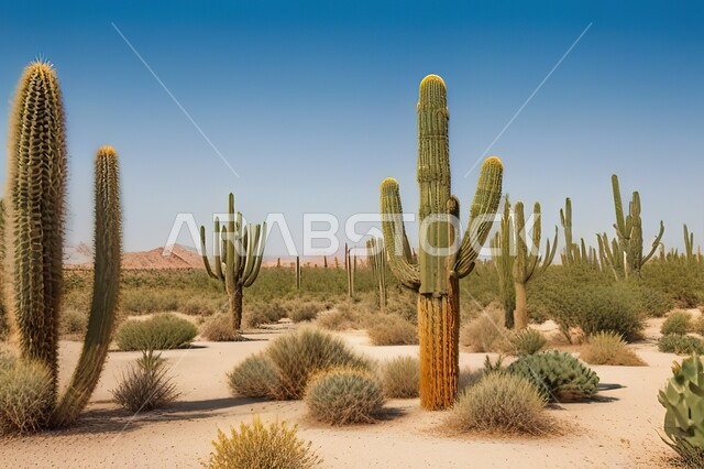  مجموعة من نبات الصبار الشوكي في المناطق الصحراوية، نمو الشوكيات والأعشاب في براري المملكة العربية السعودية، النباتات الشوكية والاعشاب البرية في المحميات الطبيعية