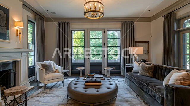 A sofa in distinctive colors with cushions and a wooden table, comfortable home furniture, residential apartments and villas in the Kingdom of Saudi Arabia, simple modern antiques and accessories, modern high-end decorations and designs for the living room