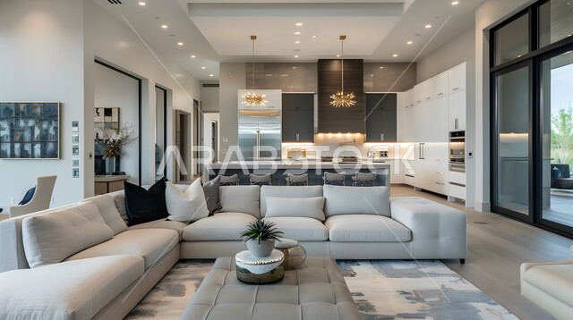 التحف والاكسسوارات البسيطة الحديثة ,الديكورات والتصاميم الراقية الحديثة لغرفة الجلوس، أثاث منزلي مريح، اريكة بألوان مميزة مع وسائد وطاولة خشبية، شقق وفلل سكنية في المملكة العربية السعودية