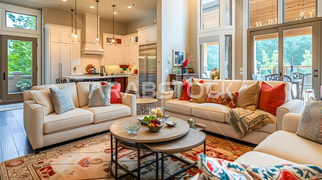 الديكورات والتصاميم الراقية الحديثة لغرفة الجلوس، أثاث منزلي مريح، اريكة بألوان مميزة مع وسائد وطاولة خشبية، شقق وفلل سكنية في المملكة العربية السعودية، التحف والاكسسوارات البسيطة الحديثة