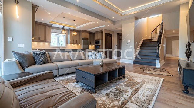 الديكورات والتصاميم الراقية الحديثة لغرفة الجلوس، أثاث منزلي مريح، اريكة بألوان مميزة مع وسائد وطاولة خشبية، شقق وفلل سكنية في المملكة العربية السعودية، التحف والاكسسوارات البسيطة الحديثة