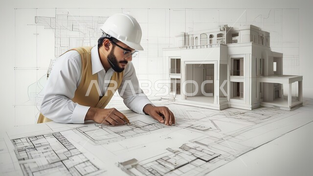  المعدات والأدوات ومخططات البناء على طاولة مكتبية، إنجاز مهام العمل ورسم المشاريع، مجسم مصغر للمبنى، مهندس بناء عربي خليجي سعودي يرتدي خوذة الحماية يقوم برسم ومتابعة الأعمال والتصاميم، مهن ووظائف هندسية سعودية