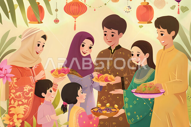 The concept of family cohesion, a dining table full of various types of food, Islamic and religious occasions, healthy foods on the breakfast table in the month of Ramadan, a spiritual Ramadan atmosphere, cartoon drawings of a Saudi Gulf Arab family gathering for a dining table in the month of goodness with gestures of happiness.