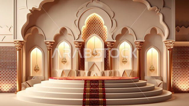 قدوم شهر الخير ،تحف واكسسوارات شهر رمضان المبارك، مجسمات ثلاثية الابعاد لمنصات و فوانيس مزخرفة باللون الذهبي، زينة وأنوار للاعياد والمناسبات، عساكم من عواده ،الاستعداد لاستقبال الأعياد والمناسبات الدينية ,خلفية زخارف اسلاميه ثري دي