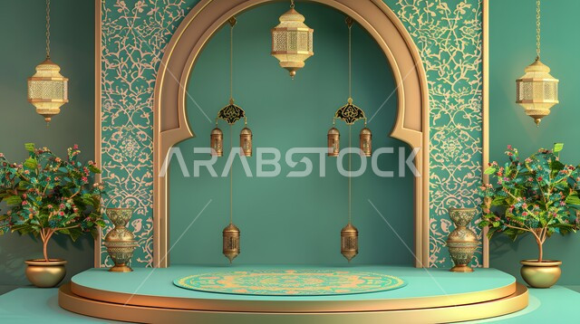 مجسمات ثلاثية الابعاد لمنصات و فوانيس مزخرفة باللون الأخضر، عساكم من عواده ،زينة وأنوار للاعياد والمناسبات، قدوم شهر الخير ،تحف واكسسوارات شهر رمضان المبارك، الاستعداد لاستقبال الأعياد والمناسبات الدينية ,خلفية زخارف اسلاميه ثري دي