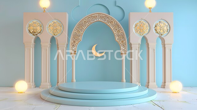  عساكم من عواده ،زينة وأنوار للاعياد والمناسبات، قدوم شهر الخير ،تحف واكسسوارات شهر رمضان المبارك، مجسمات ثلاثية الابعاد لمنصات و فوانيس مزخرفة باللون الأزرق، الاستعداد لاستقبال الأعياد والمناسبات الدينية ,خلفية زخارف اسلاميه ثري دي