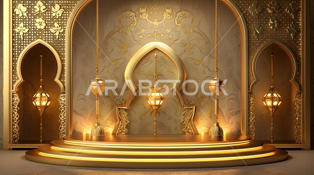 تحف واكسسوارات شهر رمضان المبارك، مجسمات ثلاثية الابعاد لمنصات و فوانيس مزخرفة باللون الذهبي، زينة وأنوار للاعياد والمناسبات، عساكم من عواده ،الاستعداد لاستقبال الأعياد والمناسبات الدينية , قدوم شهر الخير ، خلفية زخارف اسلاميه ثري دي