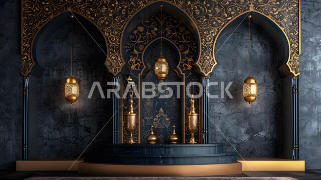 Preparing to receive holidays and religious events, antiques and accessories for the holy month of Ramadan, 3D models of decorated white lanterns, decorations and lights for holidays and events, may you be blessed, the coming of the month of goodness, 3D Islamic decorations background