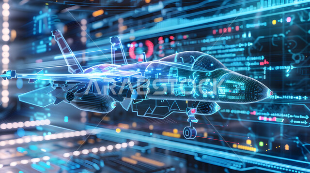 Science and technology of artificial intelligence in engineering factories, achieving the industrial revolution, a three-dimensional model of an aircraft using hologram technology, maintenance and construction of modern jet aircraft using technology, the concept of aeronautical engineering, Saudi Arabian airline companies, Saudi Vision 2030