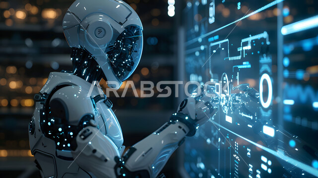 روبوت بشري يقوم بالعمل على مجسم ثلاثي الأبعاد لمحرك طائرة بتقنية الهولوجرام، صيانة وإنشاء الطائرات النفاثة الحديثة باستخدام التكنولوجيا، مفهوم هندسة الطيران, رؤية سعودية 2030، علوم وتكنولوجيا الذكاء الاصطناعي في المصانع الهندسية، تحقيق الثورة الصناعية