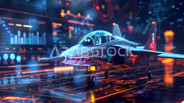 رؤية سعودية 2030, علوم وتكنولوجيا الذكاء الاصطناعي في المصانع الهندسية، تحقيق الثورة الصناعية، مجسم ثلاثي الأبعاد لطائرة بتقنية الهولوجرام، صيانة وإنشاء الطائرات النفاثة الحديثة باستخدام التكنولوجيا, مفهوم هندسة الطيران, الشركات الجوية العربية السعودية