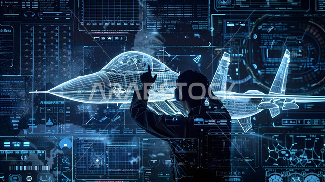 روبوت بشري يقوم بالعمل على مجسم ثلاثي الأبعاد لمحرك طائرة بتقنية الهولوجرام، صيانة وإنشاء الطائرات النفاثة الحديثة باستخدام التكنولوجيا، مفهوم هندسة الطيران, رؤية سعودية 2030، علوم وتكنولوجيا الذكاء الاصطناعي في المصانع الهندسية، تحقيق الثورة الصناعية