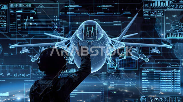 روبوت بشري يقوم بالعمل على مجسم ثلاثي الأبعاد لمحرك طائرة بتقنية الهولوجرام، صيانة وإنشاء الطائرات النفاثة الحديثة باستخدام التكنولوجيا، مفهوم هندسة الطيران, رؤية سعودية 2030، علوم وتكنولوجيا الذكاء الاصطناعي في المصانع الهندسية، تحقيق الثورة الصناعية