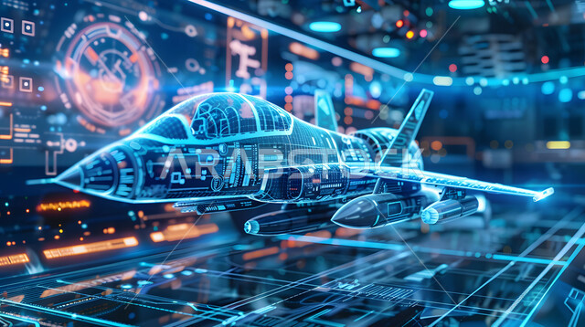 A three-dimensional model of an aircraft using hologram technology, maintenance and construction of modern jet aircraft using technology, the concept of aviation engineering, Saudi Arabian airline companies, Saudi Vision 2030, artificial intelligence science and technology in engineering factories, achieving the industrial revolution
