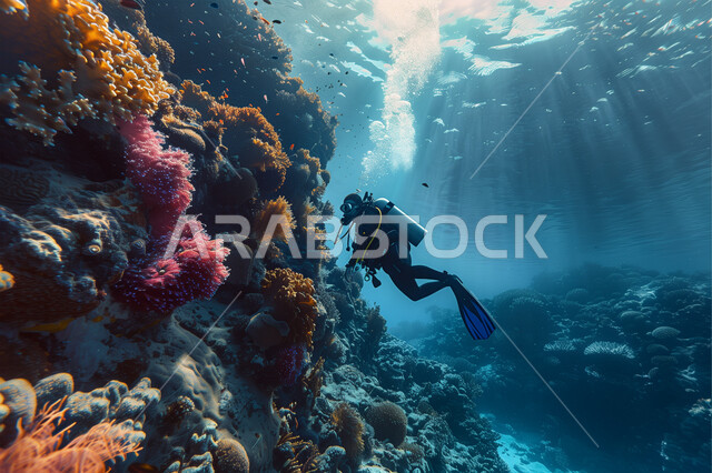 استكشاف الطبيعة المائية , رجل عربي خليجي سعودي يغوص في اعماق البحر الأحمر فوق الشعاب المرجانية الملونة، الثروة السمكية في البحار والمحيطات، المحميات البحرية في المملكة العربية السعودية