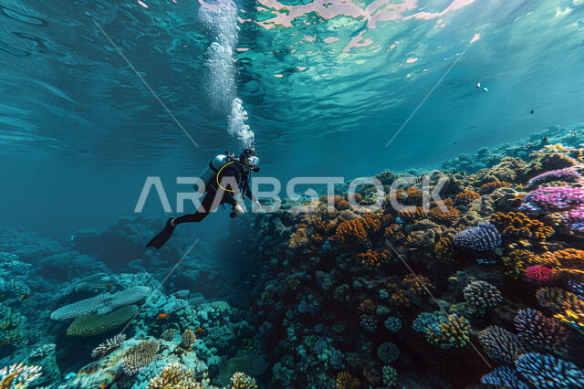 استكشاف الطبيعة المائية , رجل عربي خليجي سعودي يغوص في اعماق البحر الأحمر فوق الشعاب المرجانية الملونة، الثروة السمكية في البحار والمحيطات، المحميات البحرية في المملكة العربية السعودية