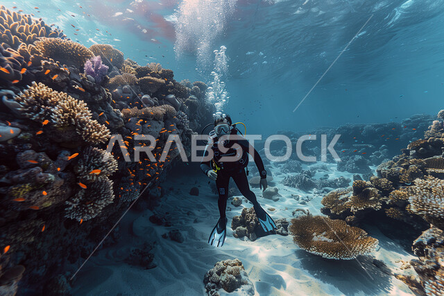 استكشاف الطبيعة المائية , رجل عربي خليجي سعودي يغوص في اعماق البحر الأحمر فوق الشعاب المرجانية الملونة، الثروة السمكية في البحار والمحيطات، المحميات البحرية في المملكة العربية السعودية