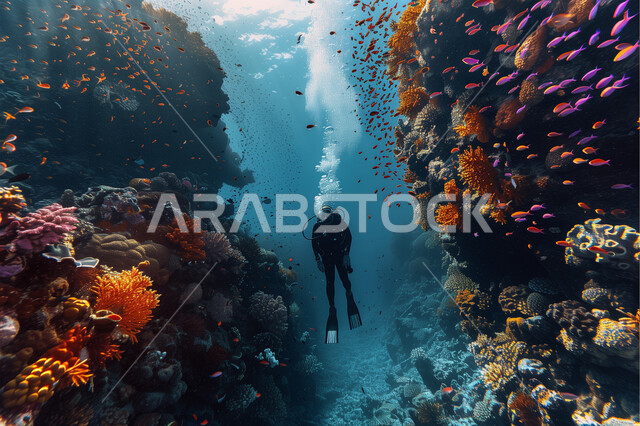 Exploring aquatic nature, a Saudi Gulf Arab man diving in the depths of the Red Sea over colorful coral reefs, fish wealth in the seas and oceans, marine reserves in the Kingdom of Saudi Arabia
