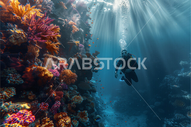 استكشاف الطبيعة المائية , رجل عربي خليجي سعودي يغوص في اعماق البحر الأحمر فوق الشعاب المرجانية الملونة، الثروة السمكية في البحار والمحيطات، المحميات البحرية في المملكة العربية السعودية