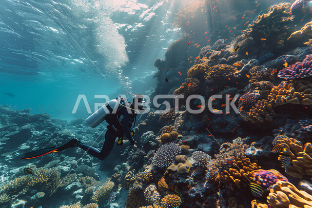 الثروة السمكية في البحار والمحيطات، استكشاف الطبيعة المائية , رجل عربي خليجي سعودي يغوص في اعماق البحر الأحمر فوق الشعاب المرجانية الملونة، المحميات البحرية في المملكة العربية السعودية