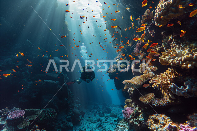 الثروة السمكية في البحار والمحيطات، استكشاف الطبيعة المائية , رجل عربي خليجي سعودي يغوص في اعماق البحر الأحمر فوق الشعاب المرجانية الملونة، المحميات البحرية في المملكة العربية السعودية