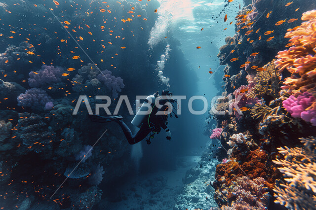 الثروة السمكية في البحار والمحيطات، استكشاف الطبيعة المائية , رجل عربي خليجي سعودي يغوص في اعماق البحر الأحمر فوق الشعاب المرجانية الملونة، المحميات البحرية في المملكة العربية السعودية