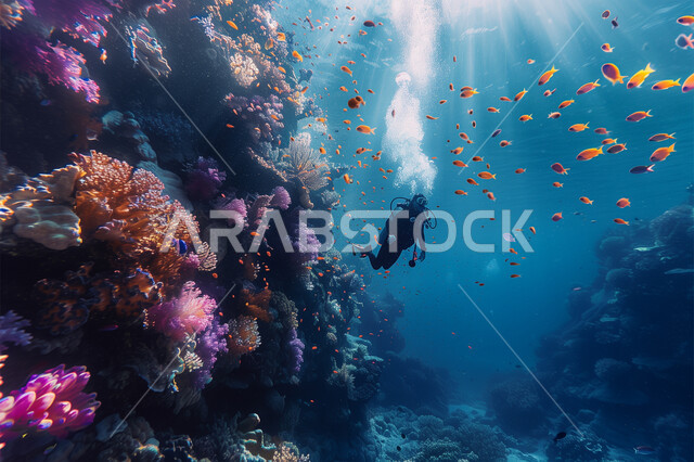 الثروة السمكية في البحار والمحيطات، استكشاف الطبيعة المائية , رجل عربي خليجي سعودي يغوص في اعماق البحر الأحمر فوق الشعاب المرجانية الملونة، المحميات البحرية في المملكة العربية السعودية