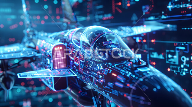 Moving towards the horizon, technical and technological development and progress, Saudi future vision 2030, engineering plans and designs for future projects, three-dimensional holographic diagrams of the prototype of the jet machine, the concept of tourism and travel.