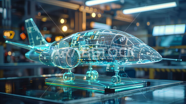 Moving towards the horizon, technical and technological development and progress, Saudi future vision 2030, engineering plans and designs for future projects, three-dimensional holographic diagrams of the prototype of the jet machine, the concept of tourism and travel.