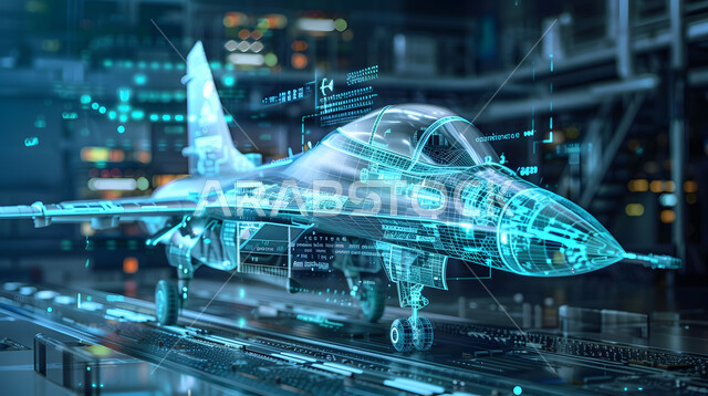 Technical and technological development and progress, Saudi future vision 2030, engineering plans and designs for future projects, three-dimensional holographic diagrams of the prototype of the jet machine, the concept of tourism and travel, moving towards the horizon